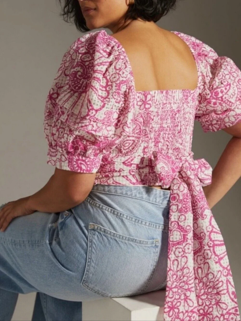 Maeve for Anthropologie Pink White Floral Smocked Wrap Puff-Sleeve Crop Top XL